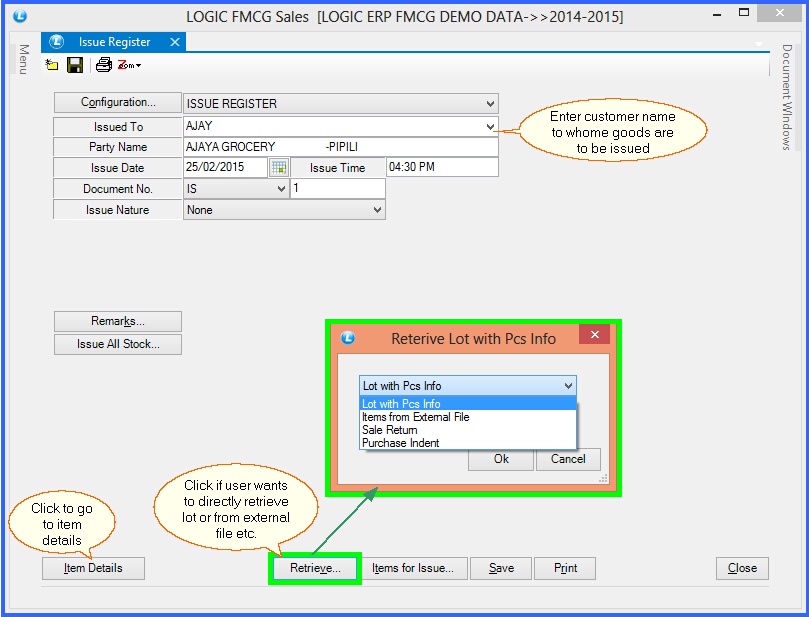 fmcg issue register header details